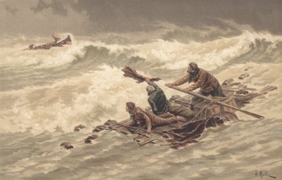 Marineros se aferran a los restos del naufragio en el mar (litografía en color) de British School