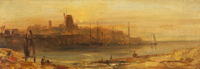 Atardecer: Puerto marítimo y faro, c.1825 (óleo sobre papel colocado sobre lienzo) de British School