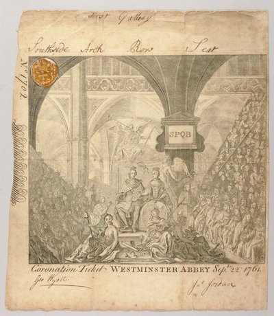 Entrada para la ceremonia de coronación de Jorge III en la Abadía de Westminster, grabado por George Bickham, 22 de septiembre de 1761 de British School