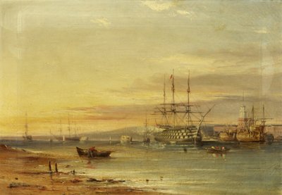 Vista del puerto de Portsmouth, mostrando el H.M.S. 