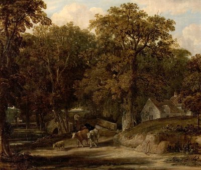 Escena de bosque con puente y ganado (óleo sobre lienzo) de British School