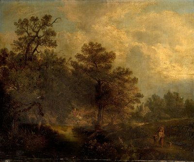 Escena de bosque con arroyo y casitas (óleo sobre lienzo) de British School