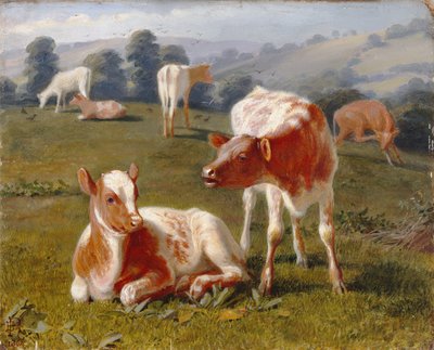 Terneros en un prado (óleo sobre cartón fresado) de Briton Riviere