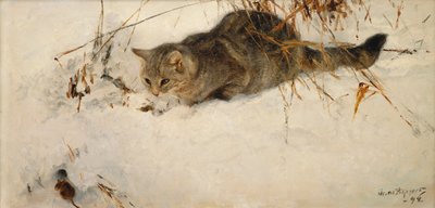 Un gato acechando a un ratón en la nieve de Bruno Andreas Liljefors