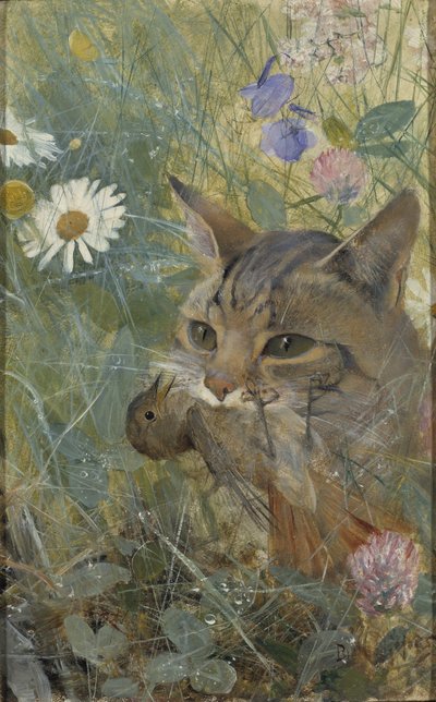Un Gato con un Pájaro Joven en su Boca, 1885 de Bruno Andreas Liljefors