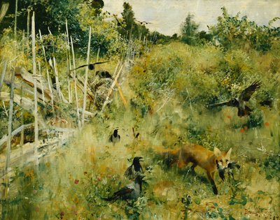 Un Zorro Cazando un Cuervo de Bruno Andreas Liljefors