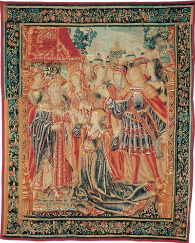 La historia de Troya. Casandra intercede ante Príamo para obtener el perdón de París, c. 1520 de Brussels Manufactory