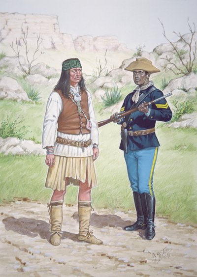 Un guerrero apache chiricahua y un cabo del 10º Regimiento de Caballería de EE.UU. en 1886, de un conjunto de seis cuadros. de Bryan Fosten