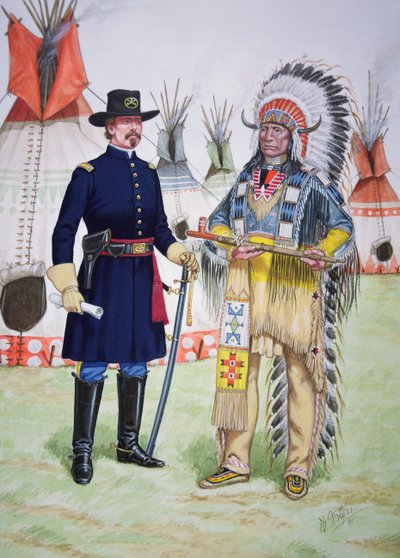 El jefe Nube Roja de los sioux oglala ofrece una pipa de la paz a un oficial del 5º Regimiento de Caballería de EE.UU. en la firma del Tratado de Fort Laramie de 1868, de un conjunto de seis cuadros. de Bryan Fosten