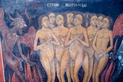 Bulgaria, Monasterio de Rila, fresco en la iglesia de la Natividad de la Virgen de Bulgarian School