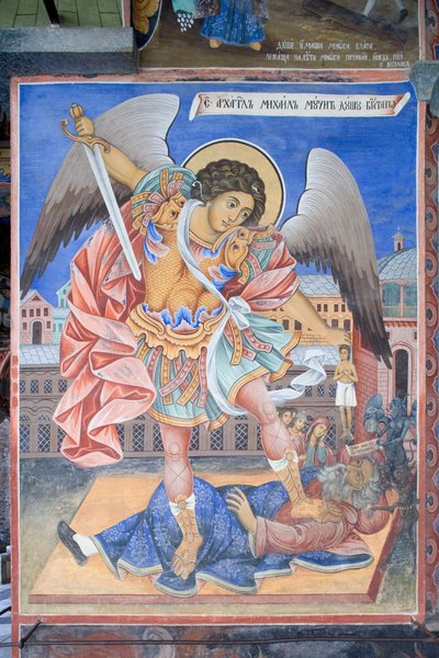 Bulgaria, Monasterio de Rila, fresco de San Miguel Arcángel en la iglesia de la Natividad de la Virgen de Bulgarian School