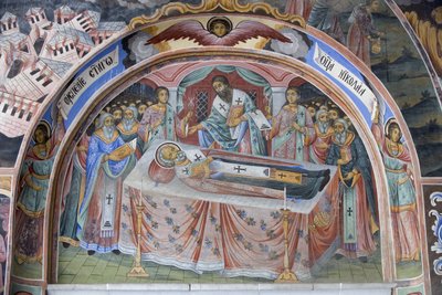 Bulgaria, Montañas de Rila, Monasterio de Rila, detalle del fresco en la Iglesia de la Natividad de la Virgen de Bulgarian School