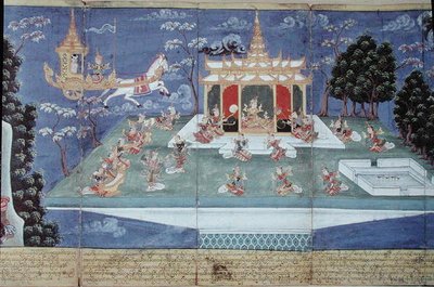 Ma 565 El rey Nimi en su carro divino enviado por Indra y guiado por el ángel Matali, visita los cielos y encuentra mujeres de incomparable belleza, del Nimi Jataka, 1869 de Burmese School
