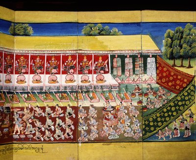 Escena de hacer méritos, página de un manuscrito de Burmese School