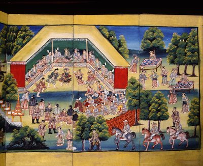 Escena de hacer méritos, página de un manuscrito de Burmese School