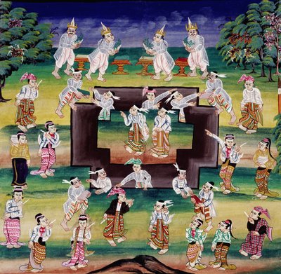 Escena de méritos, página de un manuscrito de Burmese School