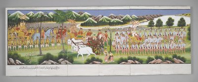 O. 13534, f.10, Una procesión, Escenas de la vida de Buda (pergamino) de Burmese School