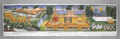 O. 13534, f.30 Escena del palacio, Escenas de la vida de Buda (pergamino) de Burmese School