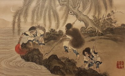 Pesca con antorcha encendida. De la serie Los Ainu, segunda mitad del siglo XIX de Byozan Hirasawa