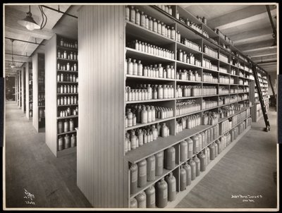 Vista interior de una sala de almacenamiento químico en Parke, Davis y Co., químicos, Hudson y Vestry Streets, Nueva York, 1910 de Byron Company