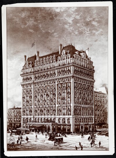 Fotografía de un dibujo del Hotel Knickerbocker, esquina sureste, Calle 42 y Broadway, Nueva York, 1900, por Hughson Frederick Hawley (1850-1936), impreso en 1902 de Byron Company