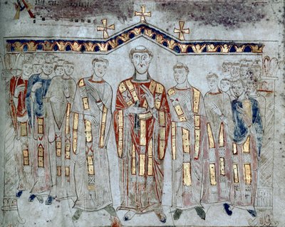 Arte bizantino: "Asamblea del capítulo de la Catedral de Gaeta compuesta por obispos y diáconos" Miniatura tomada de "Exultet" del comienzo del siglo XI Museo Diocesano, Gaeta de Byzantine