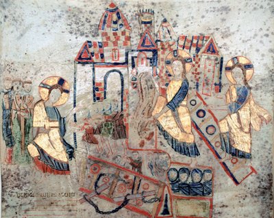Arte bizantino: Representación del Salvador Cristo derribando las puertas del Inframundo, aplastando a Satanás y liberando almas. Miniatura de Exultet del comienzo del siglo XI. Museo Diocesano, Gaeta de Byzantine