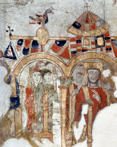 Arte bizantino: Diácono y fieles durante una procesión a la iglesia. Miniatura tomada del Exultet del comienzo del siglo XI. Museo Diocesano, Gaeta de Byzantine