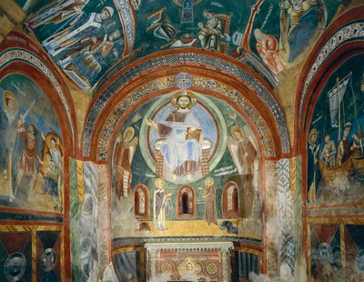 Capilla de San Eldrado y San Nicolás con frescos románicos en estilo bizantino, finales del siglo XI, Abadía de Novalesa, Piamonte, Italia de Byzantine