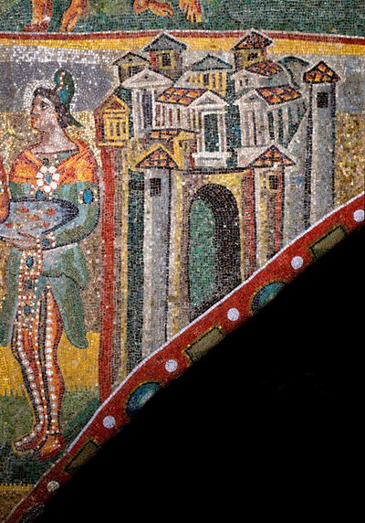 Arte cristiano: “Adoración de los Magos”. Detalle del paisaje. Mosaico del siglo V. Arco Triunfal, Basílica de Santa María la Mayor, Roma. de Byzantine