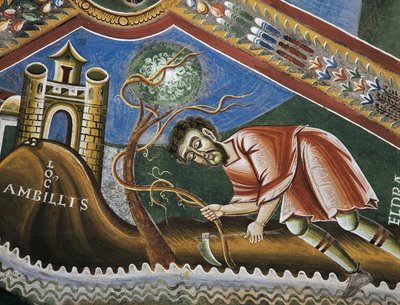 Eldrad labrando la tierra en Ambilly, Provenza, detalle de las Historias de la vida de San Eldrad, frescos románicos en estilo bizantino, finales del siglo XI, Capilla de San Eldrad y San Nicolás, Abadía de Novalesa, Piamonte, Italia de Byzantine