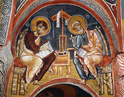 Evangelistas Marcos y Juan escribiendo Evangelios, Karanlik Kilise (Iglesia Oscura) (siglos XII-XIII), Goreme (Lista del Patrimonio Mundial de la Unesco) de Byzantine