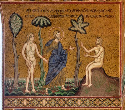 Dios presenta a Eva a Adán, mosaico bizantino, XII-XIII seg, en la contrafachada (mosaico) de Byzantine