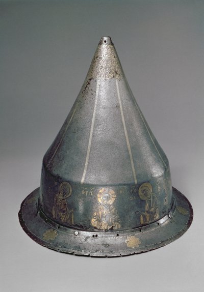 Casco con la Deesis (acero con incrustaciones de oro y plata) de Byzantine