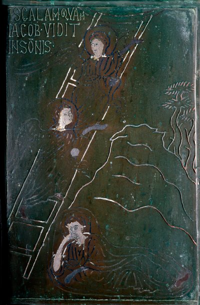 Jacob ve en sueños a los ángeles ascendiendo y descendiendo la escala de la puerta de bronce hecha en Constantinopla en 1076. Monte Sant 
