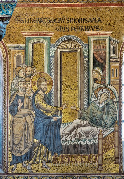 Jesús curando a la suegra de Simón de la fiebre, mosaico bizantino, Episodios de la vida de Cristo, siglos XII-XIII (mosaico) de Byzantine