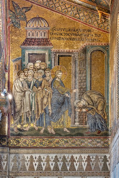 Jesús curando a la mujer jorobada de su joroba, mosaico bizantino, Episodios de la vida de Cristo, siglos XII-XIII (mosaico) de Byzantine