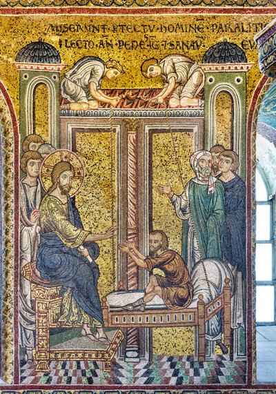 Jesús curando al paralítico, mosaico bizantino, Episodios de la vida de Cristo, siglos XII-XIII (mosaico) de Byzantine