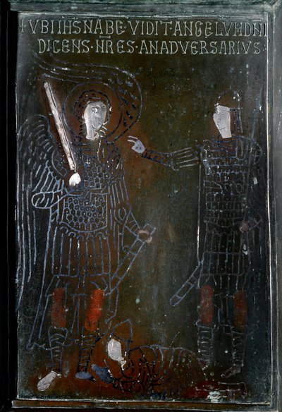 Josué se encuentra con un ángel de azulejo de bronce hecho en Constantinopla en 1076. Monte Sant 