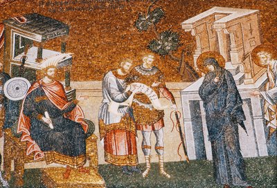 María y José ante Cyremius inscribiéndose para el censo, con un guardia, un escriba y un oficial, c. siglo XIV (detalle) de Byzantine