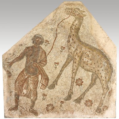 Fragmento de mosaico con un hombre guiando a una jirafa, 401-500 d.C. (piedra en mortero) de Byzantine