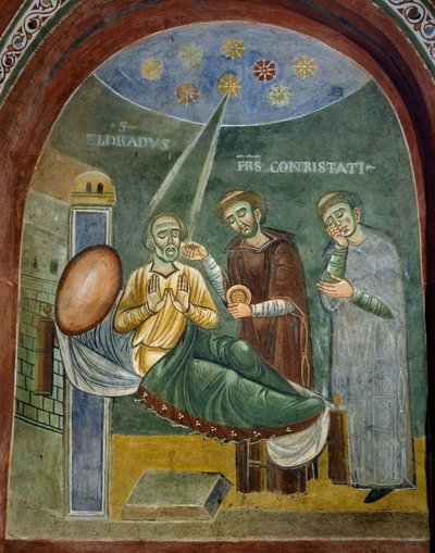 San Eldrad muriendo recibiendo la Eucaristía, detalle de las Historias de San Eldrad, fresco románico, estilo bizantino, finales del siglo XI, Capilla de San Eldrad y San Nicolás, Abadía de Novalesa, Piamonte, Italia de Byzantine