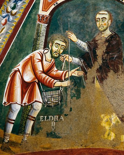 San Eldrado partiendo hacia Santiago de Compostela, detalle de las Historias de la vida de San Eldrado, fresco románico, estilo bizantino, finales del siglo XI, Capilla de San Eldrado y San Nicolás, Abadía de Novalesa, Piamonte, Italia de Byzantine