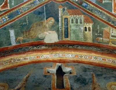 San Eldrado regresa de Santiago de Compostela, detalle de las Historias de la vida de San Eldrado, fresco románico, estilo bizantino, finales del siglo XI, Capilla de San Eldrado y San Nicolás, Abadía de Novalesa, Piamonte, Italia de Byzantine