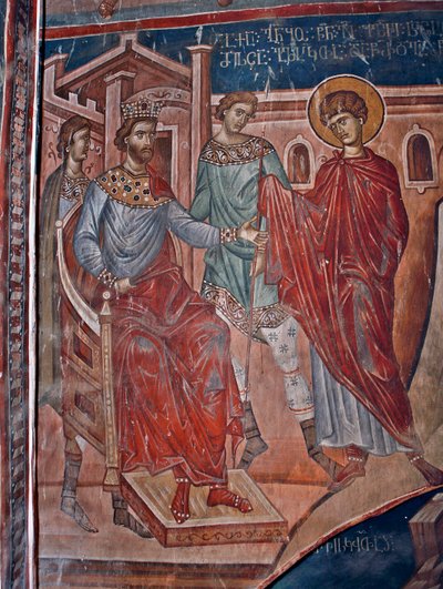 San Jorge ante el emperador Diocleciano (244-311) - San Jorge ante el emperador Diocleciano - Pintura de Damiane (siglo XIV activo) - Siglo XIV - Fresco - Monasterio de San Jorge, Ubisi ©FineArtImages/Leemage de Byzantine