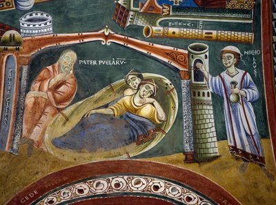 San Nicolás salvando a un comerciante rico caído en la pobreza y pagando la dote de sus hijas, detalle de las Historias de San Nicolás, fresco románico, estilo bizantino, finales del siglo XI, Capilla de San Eldrado y San Nicolás, Abadía de Novalesa, Piamo de Byzantine