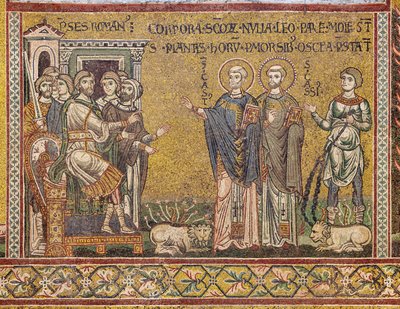 San Casio y San Casto ante el Emperador, mosaico bizantino, siglos XII-XIII, en la contrafachada (mosaico) de Byzantine