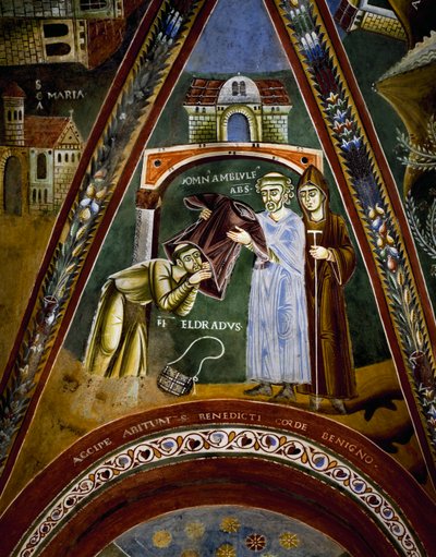 San Nicola, historias de la vida de San Eldrado y San Nicolás, San Eldrado hacia Santiago de Compostela: recibiendo un hábito monástico del Abad de Novalesa (detalle) de Byzantine