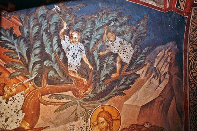 La entrada de Cristo en Jerusalén. Detalle: Niños cortando ramas de palmera - Pintura de Damiane (siglo XIV activo) - Siglo XIV - Fresco - Monasterio de San Jorge, Ubisi ©FineArtImages/Leemage de Byzantine