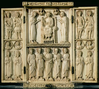 El tríptico Harbaville que representa a Cristo entronizado con la Virgen y San Juan Bautista, otros paneles que representan santos, de Constantinopla de Byzantine